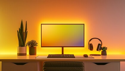 A computer desk with a monitor, keyboard, and mouse