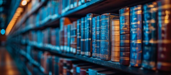 Vintage Library Bookshelf with Rows of Antique Books in Warm Lighting, Focus on Foreground, Blurred Background, Cozy and Nostalgic Atmosphere, Perfect for Literature and History Themes