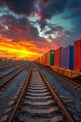 Obraz premium Vibrant Sunset Over Railroad Tracks with Colorful Freight Containers, Dramatic Sky, and Industrial Landscape - Perfect for Transportation, Logistics, and Travel Themes
