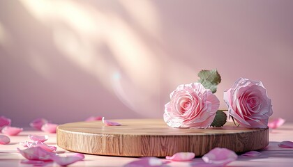 A wooden table with two pink roses on it and pink petals scattered around it