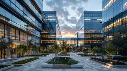 Fototapeta premium Contemporary glass buildings surrounding a spacious plaza 