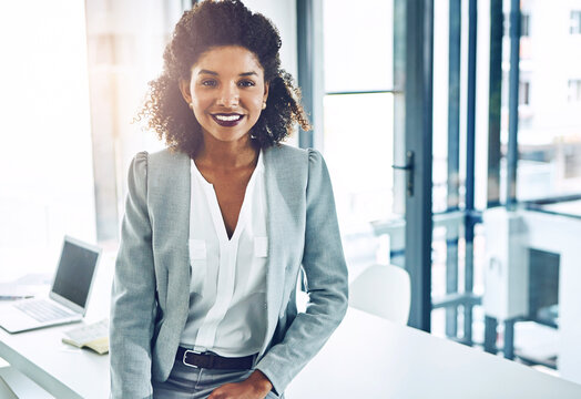 Business woman, portrait and office with law intern with confidence and legal student work. Happy, smile and African labour attorney at a lawyer company with scholarship opportunity and job study