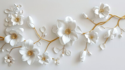 3D paper art of white flowers with gold branches on white background