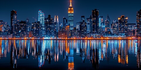 Naklejka premium A stunning night cityscape of a brightly lit skyline reflecting on the tranquil waters, showcasing the architectural beauty and vibrant lights of a bustling metropolis