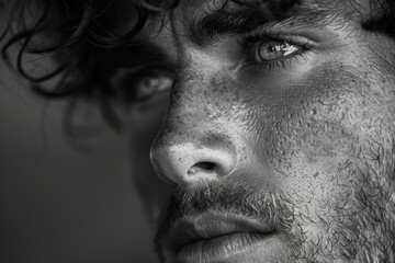 Obraz premium A captivating close-up black-and-white photograph showcasing intense emotions through the detailed and expressive features of a man's face