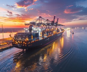 Naklejka premium A large cargo ship, brightly illuminated, docks at a bustling port during a stunning sunset, with industrial cranes and vibrant reflections on the water