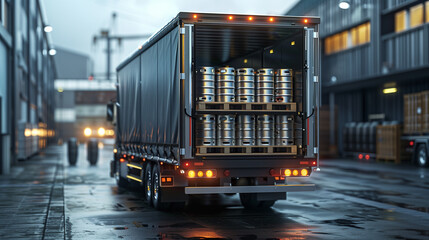 A delivery truck loaded with beer kegs, parked in an industrial setting. The image captures the logistics and supply chain of the beverage industry.