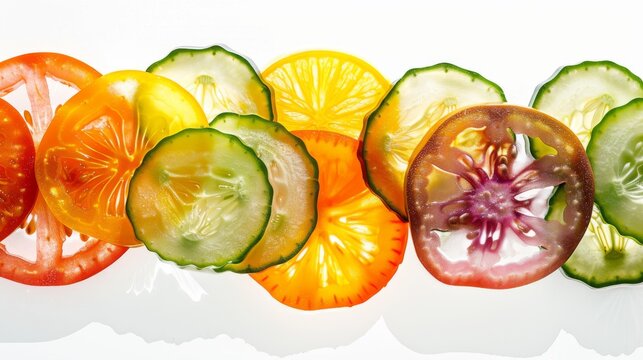 Backlit vegetable slices isolated on white background. Transparent food composition.