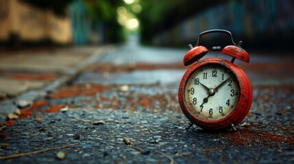 An old weathered red alarm clock placed on a wet cobblestone road with a blurred background of...