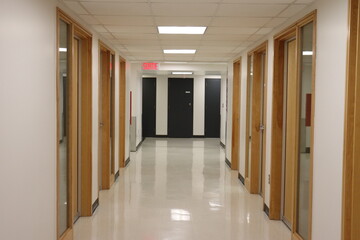 Corridor and interior in an hallway. An hall with doors and offices. Design and architecture. Reflection of a floor. Perspective in an hallway.