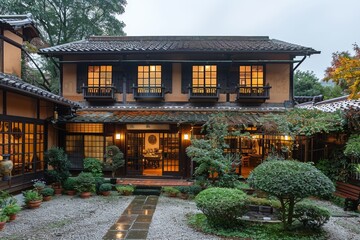 Obraz premium Beautiful traditional Japanese-style house with serene garden and warm interior lights, showcasing classic architectural elements and natural surroundings