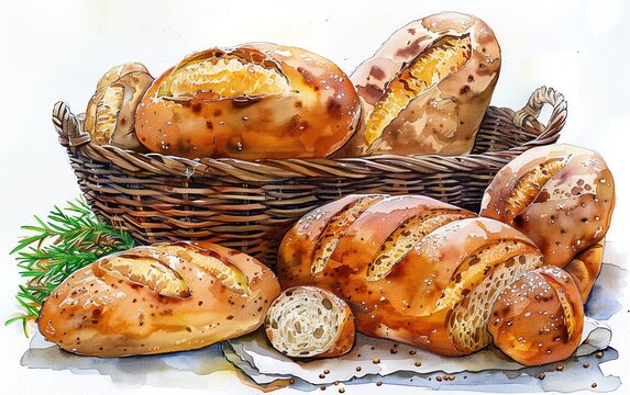 A watercolor of freshly baked bread loaves in a wicker basket, showcasing artisanal baking and rustic textures.