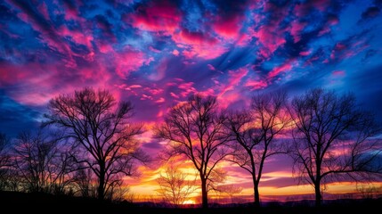 Obraz premium Silhouettes of trees against a vibrant sunset sky, with clouds painted in hues of pink, orange, and purple, creating a breathtaking natural spectacle