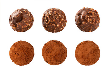 Set of Chocolate candy and chocolate truffles isolated on white background.