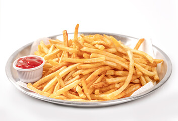 French fries with ketchup isolated on white background.