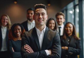 Obraz premium A group of young businessmen smiling, he is confident while his team stands behind him with crossed arms, the background features an office