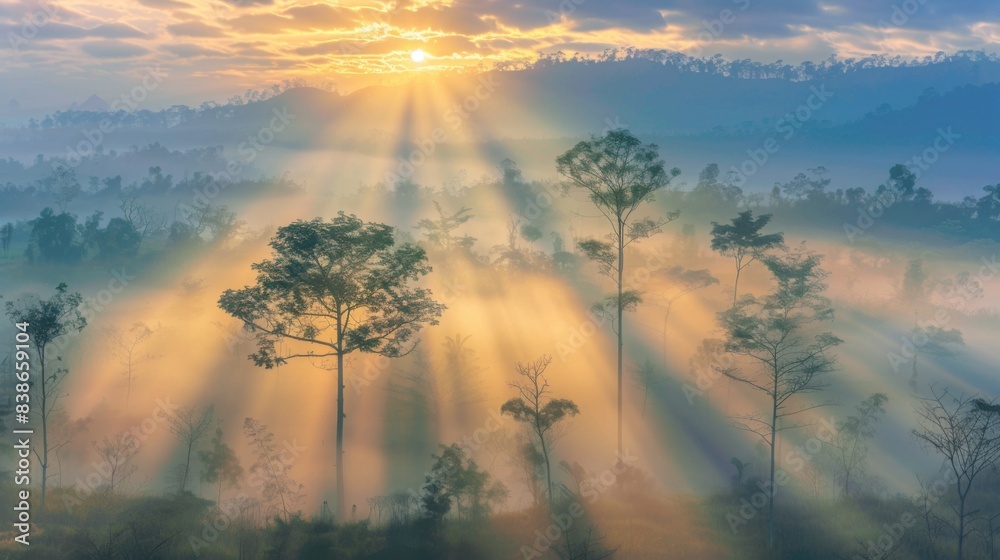 Poster the sun breaking through dense fog at dawn, casting ethereal rays of light over a tranquil forest