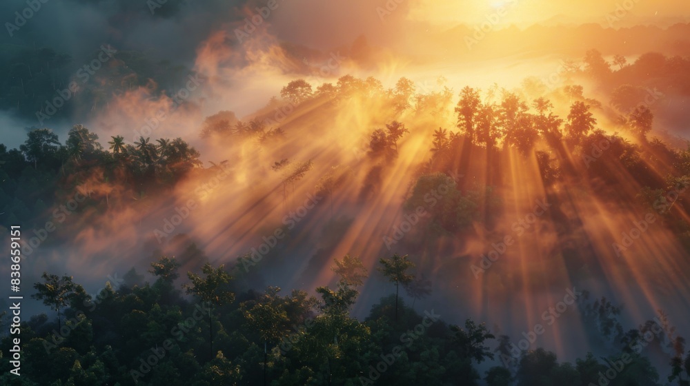 Poster the sun breaking through dense fog at dawn, casting ethereal rays of light over a tranquil forest