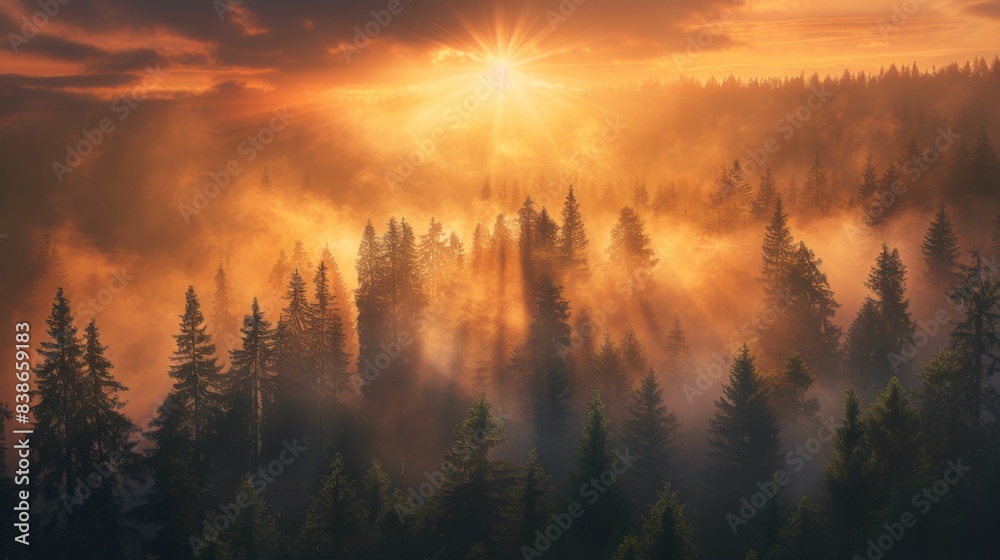 Poster the sun breaking through dense fog at dawn, casting ethereal rays of light over a tranquil forest