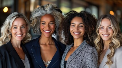 Fototapeta premium A diverse group of four smiling women with wavy and curly hair, dressed in professional attire, gathered together in an indoor setting with a warm and welcoming ambiance