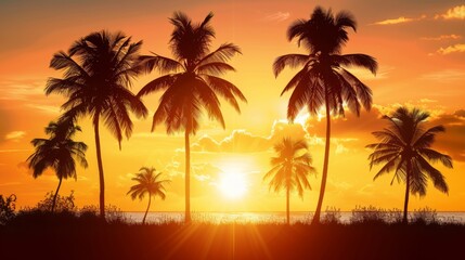 The sun setting behind a silhouette of palm trees, casting a warm golden glow over the tropical landscape