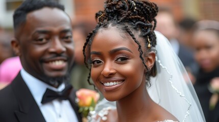 A joyful bride smiles brightly in a close-up portrait, highlighting her intricate hair and elegant wedding attire, with the groom smiling softly beside her during their grand wedding ceremony