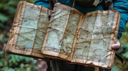 A traveler in a forest holding an open worn-out atlas, displaying a detailed and colorful topographic map, evoking a sense of adventure and exploration