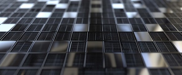 Abstract black and silver polygons on dark steel mesh background.