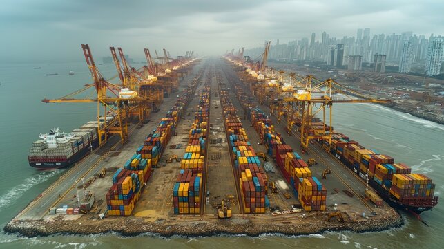 A panoramic view of a bustling maritime container port with numerous cargo ships and cranes, set against the backdrop of a modern city skyline under a cloudy sky