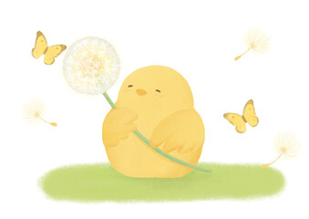 芝生の上のヒヨコと綿毛と蝶のイラスト