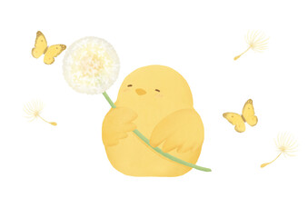 綿毛を持ったヒヨコと蝶のイラスト