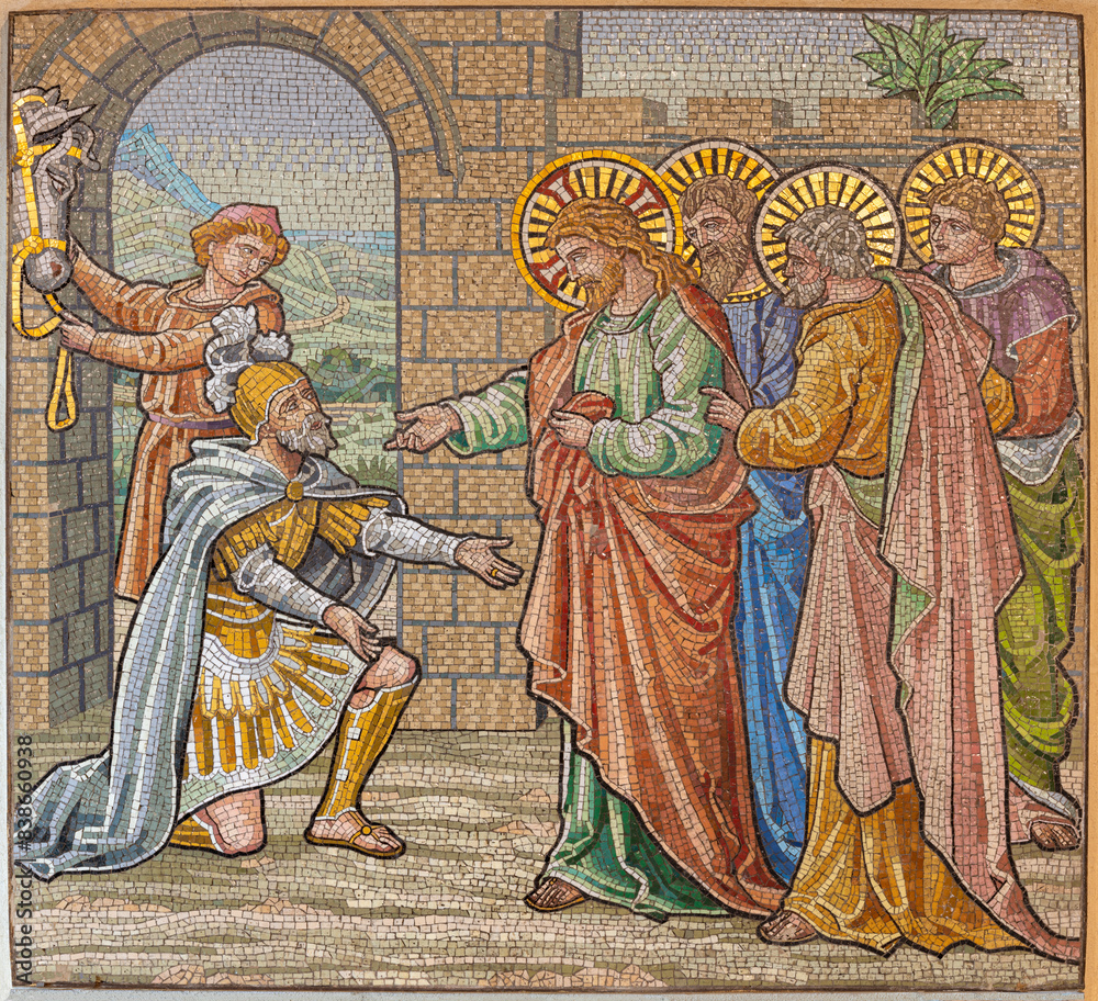 Wall mural MILAN, ITALY - MARCH 4, 2024: The mosaic of Jesus heals a Roman centurions servant in the church Chiesa di San Agostino by unknown artist of 20. cent.