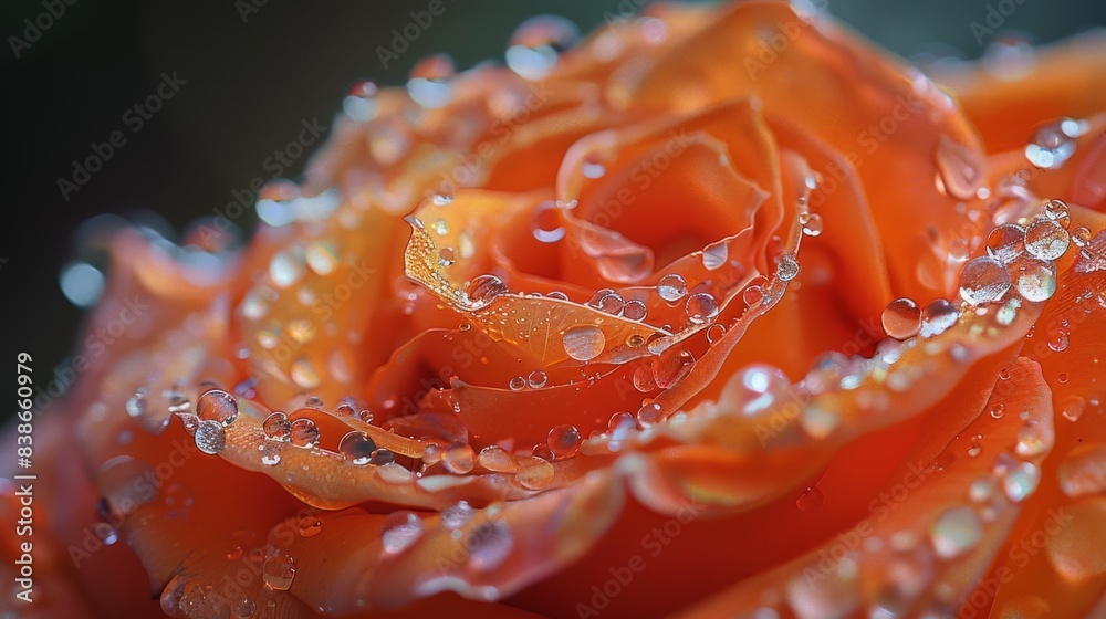 Poster water droplets collecting on the surface of a vibrant orange rose, adding a touch of sparkle to its 