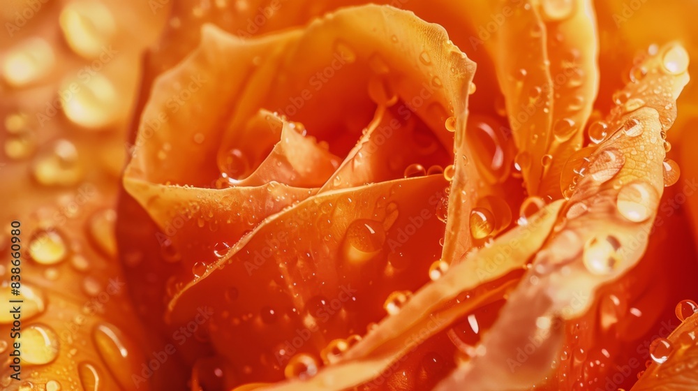 Poster water droplets collecting on the surface of a vibrant orange rose, adding a touch of sparkle to its 