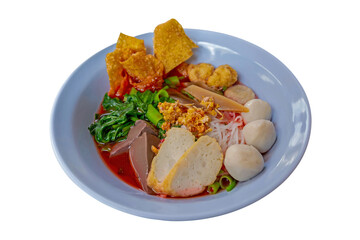 pink noodles soup and fried shrimp ball and fried Fish ball line with red bean curd sauce