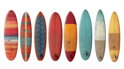 A vibrant collection of colorful surfboards arranged in a row, showcasing various patterns and designs ideal for a summer beach theme.transparent, png,