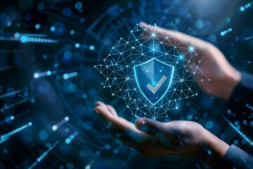 Businessman with virtual cyber security technology and online data protection for security of data storage used by  global business network server to secure cyber information.