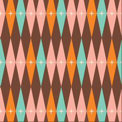 50s Mid Century Modern Seamless Pattern, Diamond Mid Century Modern Pattern in Pink, Orange, Brown, Turquoise and Beige