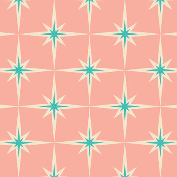 50s Mid Century Modern Seamless Pattern, Stars Mid Century Modern Pattern in Pink, Beige and Turquoise, MCM