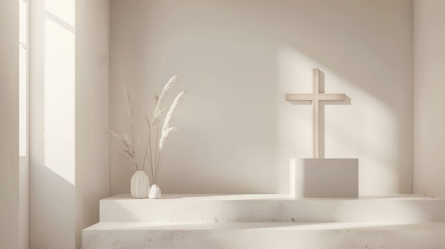 habitacion elegante y sobria minimalista en tonos claros con plantas sobrias y una cruz catolica dise&ntilde;o con estilo 