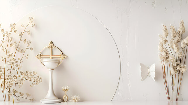 fondo digital para invitacion de primera comunion con elementos elegantes religiosos y modernos con flores y follaje sobrio con espacio para copiar