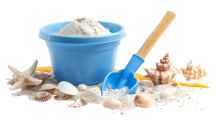 Blue sand bucket with a shovel and seashells on white background. Perfect for summer, beach vacation, and seaside adventure themes.transparent, png,