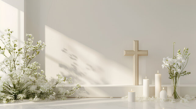 lugar iluminado capilla con cruz catolica con decoracion de flores elegantes y velas decorativas con espacio para copiar celebraciones y tradiciones religiosas