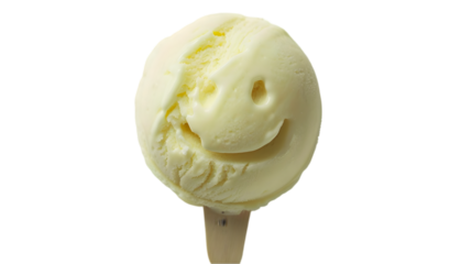 Close-up of a smiling vanilla ice cream scoop on a stick, isolated on white. Fun and cheerful summer dessert, perfect for hot days.transparent, png,
