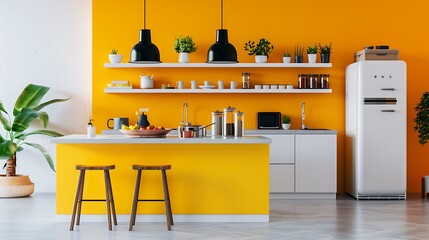 Modern kitchen interior with chic furniture and a bold yellow wall, stylish aesthetics