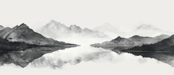 traditional asian scroll painting with minimal color, depicting misty mountains and serene landscapes