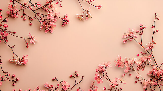 fondo en tono claro con espacio para copiar con ramas de flores peque&ntilde;as en tonos rojos y naranja lienzo para decoracion para invitacion o dise&ntilde;o