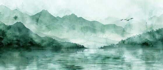 Delicate ink brush strokes evoke tranquility in this traditional Chinese scroll painting of misty mountains and verdant landscapes