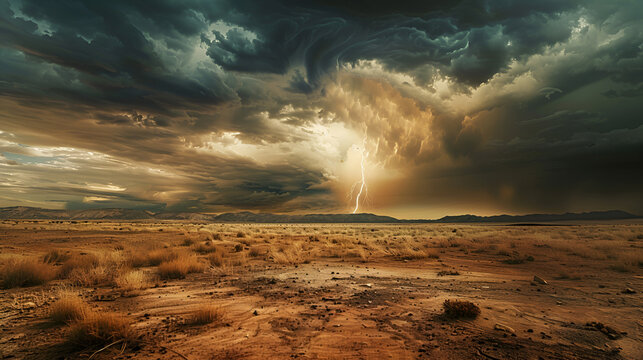 paisaje dramatico de una tormenta con rayos con las nubes oscuras sobre un paisaje desierto arido y seco