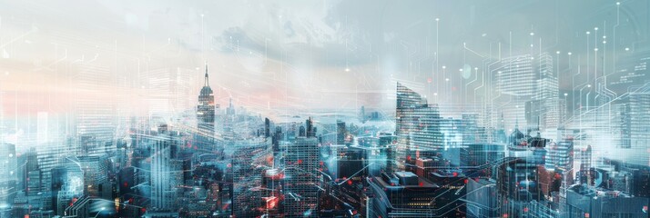 Innovative double exposure showcasing a city skyline intertwined with data streams and network nodes, symbolizing urban development through advanced technology